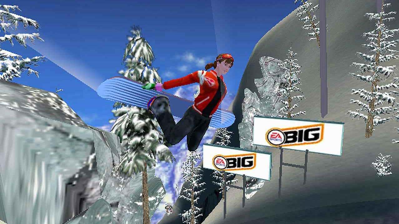 Snowboarder fazendo uma manobra em uma montanha com logotipos da EA Sports Big ao fundo
